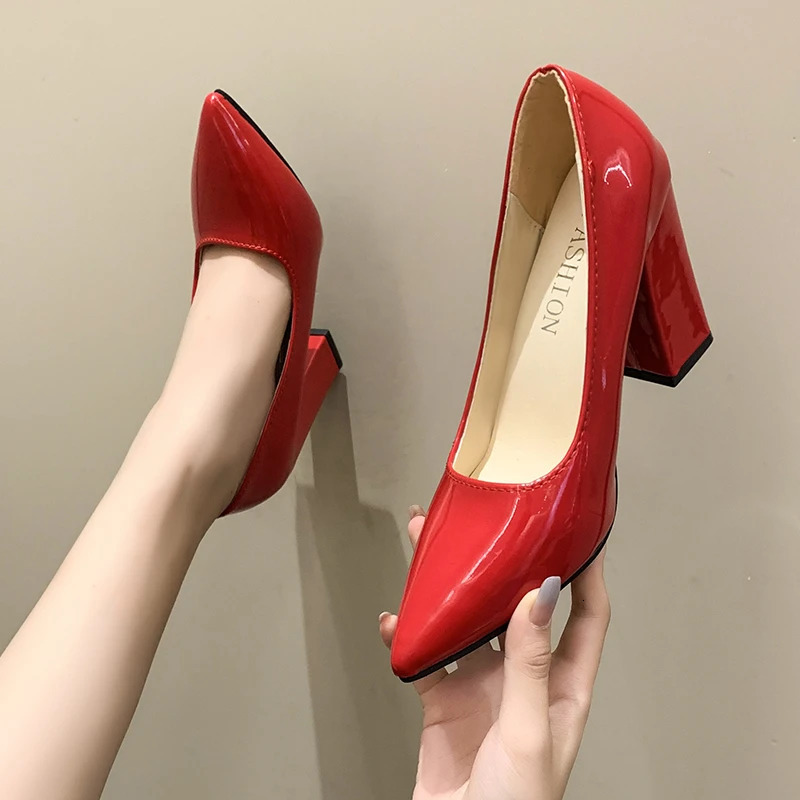 10cm high-heeled color pump womens toe fashionable red 3.9-inch thick high-heeled shoes patent leather womens Plus size 49 50 241115