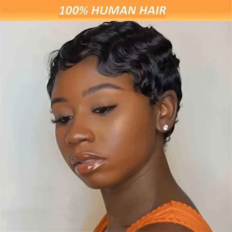 Man made Remy Hair for Women Daily Using Short Finger Wave e Cut Human Hair Wig 4 inches Natural Black 150% Density W241116