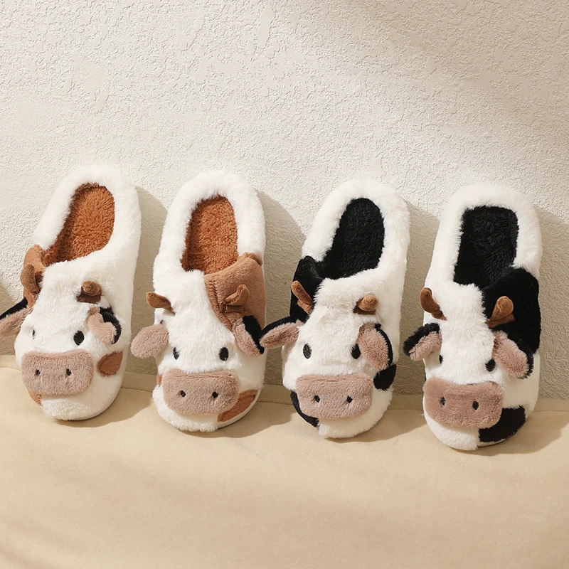 Winter Unisex Family Look Shoes Cartoon Cow Warm Childrens Plush Slippers For Girls Boys Indoor Nonslip Mule Home Cotton Shoes 241115