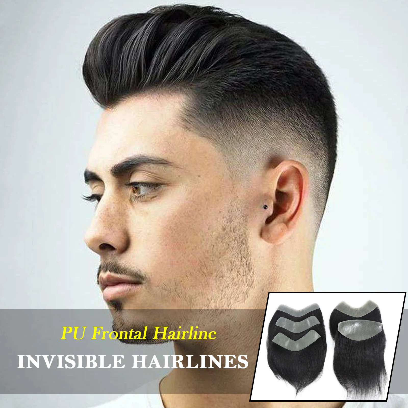 Black Color Straight Hair V Style Frontal Hairline For Men High Density 100% Human Remy Hair PU Skin Mens Capillary Prosthesis 241115