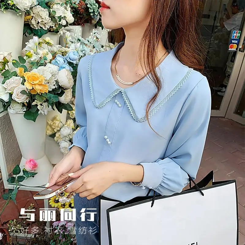 Spring and summer fashionable doll collar long sleeved shirt for womens street casual button down flower retro elegant full matching top 241115