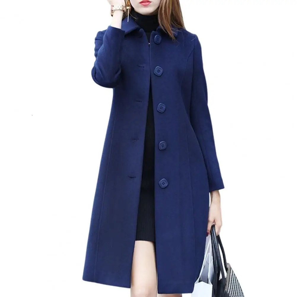 Fashion British Solid Button Wool Coat Women Long Sleeve Jackets Woman Elegant Pocket Slim Outfit Mujer 241108
