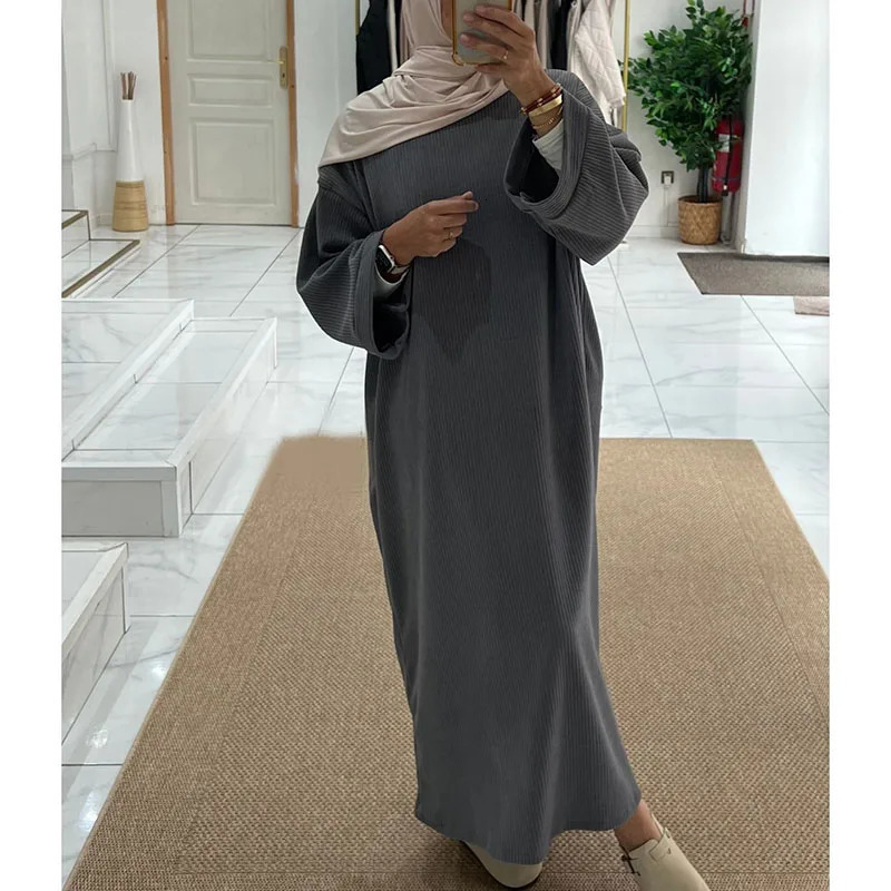 Corduroy Abaya winter thick side pockets warm Ramadan Islamic clothing high-quality Muslim womens long sleeved humble dress 241111