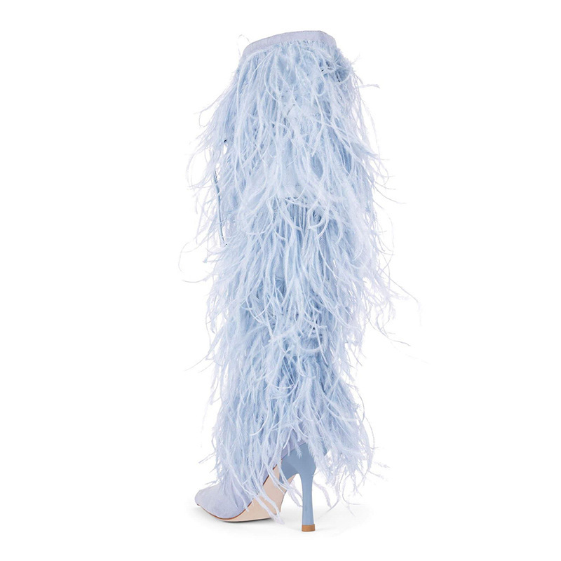 2024 foreign trade new pointed thin heel super high heels ostrich fur runway sleeve plus plus size hairy long boots knee high women's boots