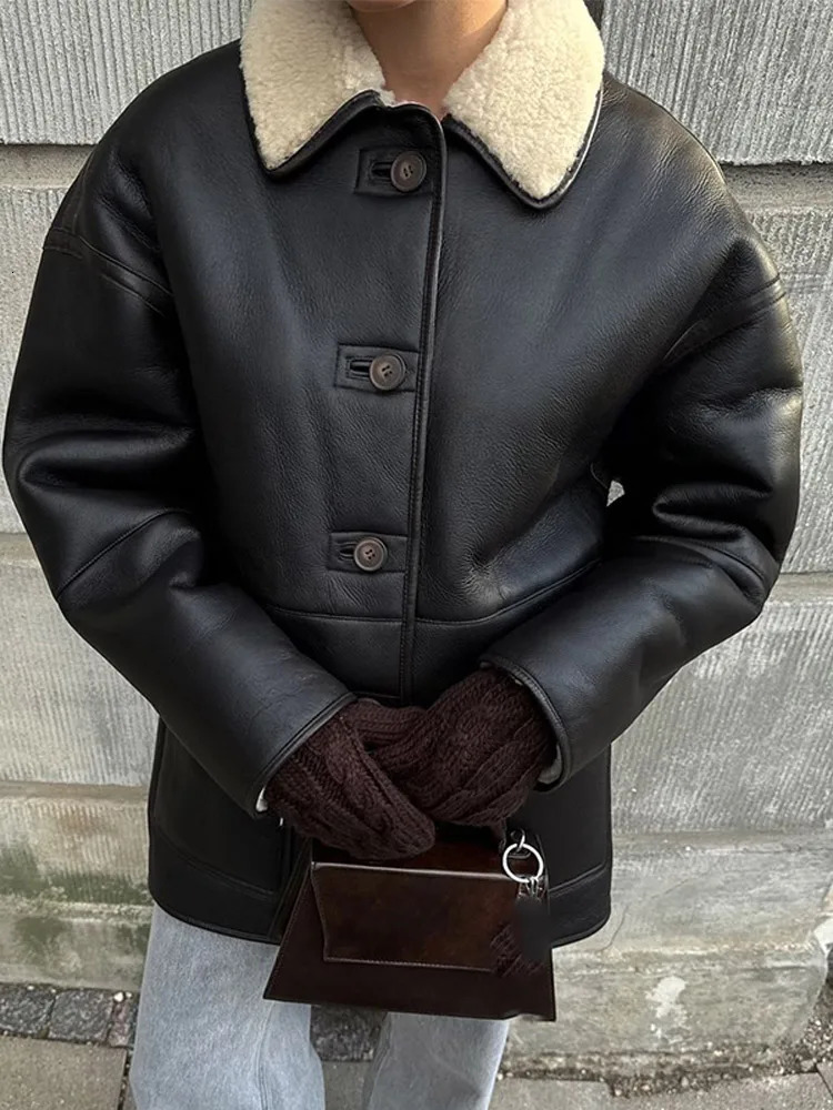 Classic Black Lapel Collar Woolen Warm Leather Jacket Fashion Single Breasted With Pocket Coat 2024 Winter Woman Wear 241115