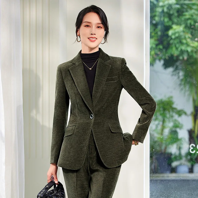 Autumn Corduroy Elegant Underwear Set Womens Formal Business Work Clothes 2pieceS etG reenW ineJ acketJ ac 241115