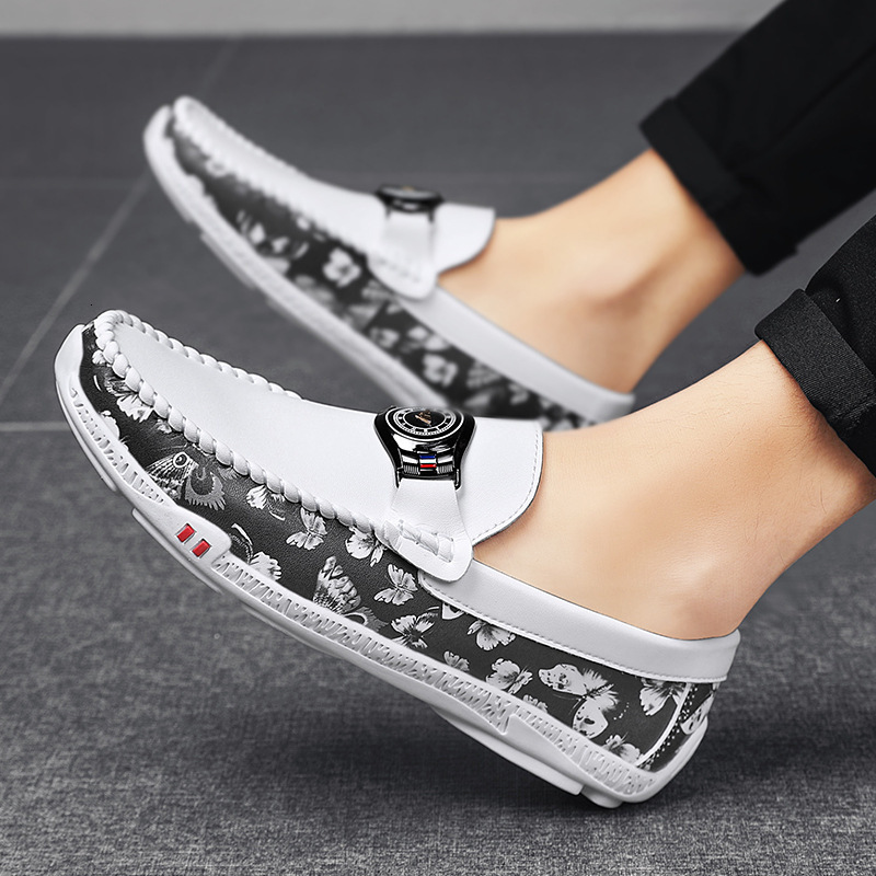 2024 Spring summer New Trend Breathable Casual Men All Soft Leather Bean Fashion Set Feet Lazy Men's Shoes