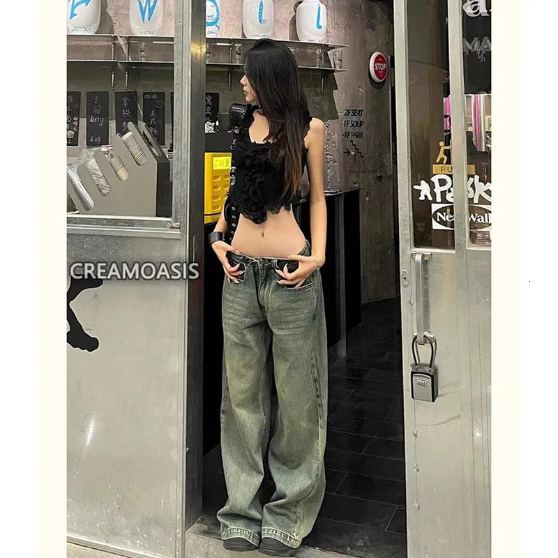 Blue Womens Jeans Hiphop Fashion Vintage Streetwear Y2K Wide Leg Straight Jean High Waist Trouser Classic Baggy Denim Pants 241115