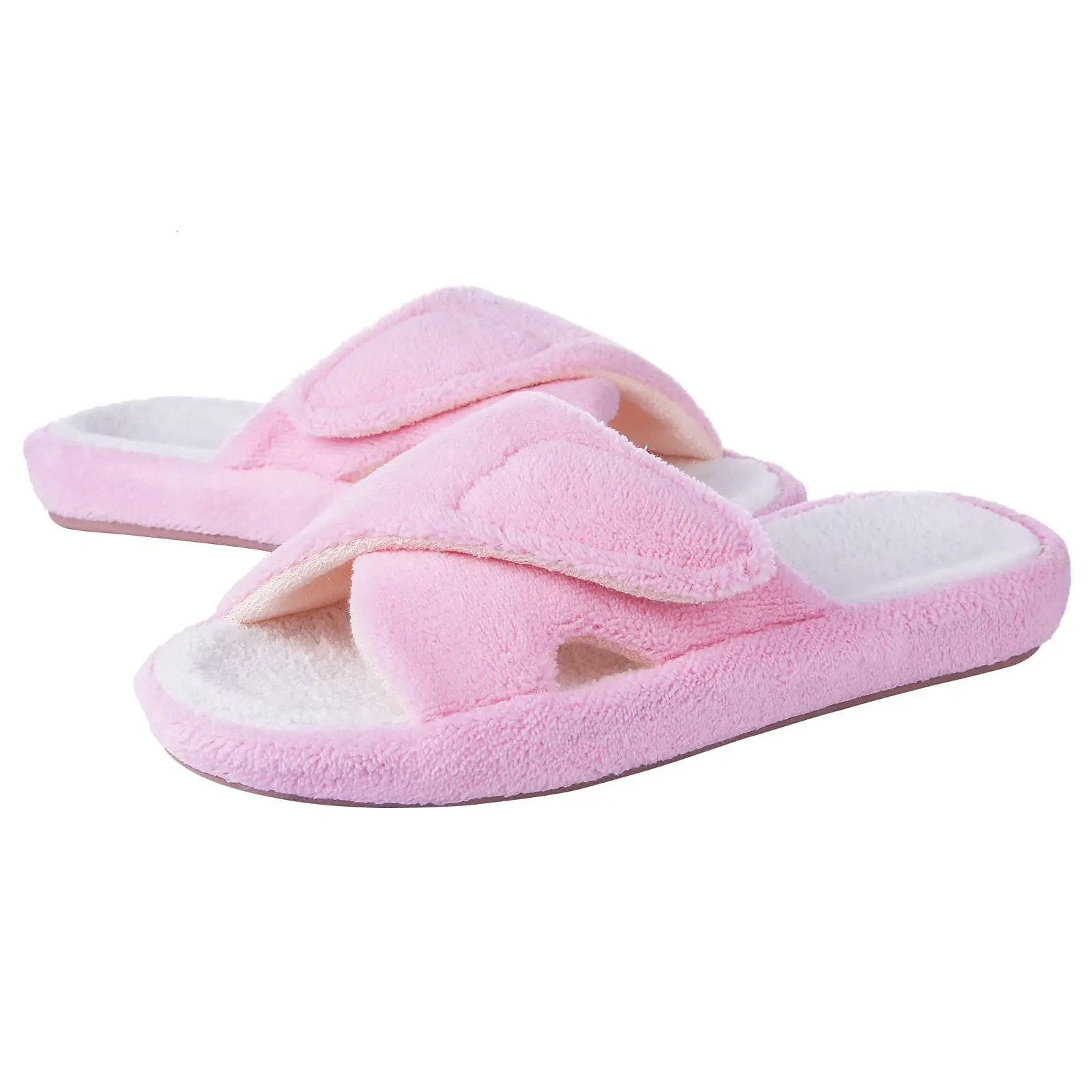 Shevalues Open Toe Cotton Slippers For Women Indoor Fuzzy House Slides With Adjustable Strap Home Nonslip Flat Cotton Slippers 241115
