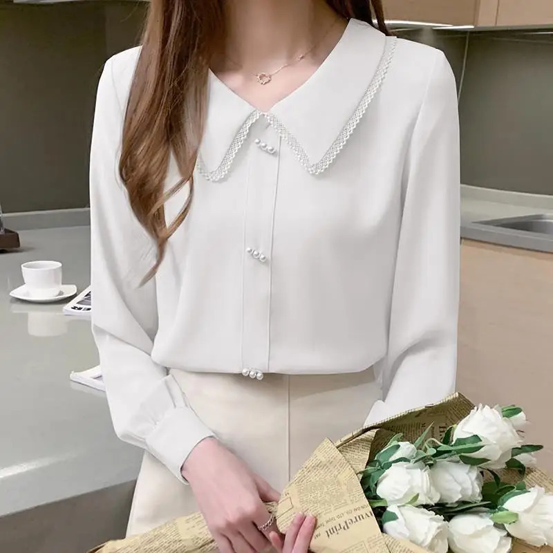 Spring and summer fashionable doll collar long sleeved shirt for womens street casual button down flower retro elegant full matching top 241115