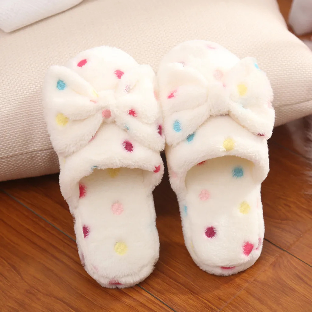 Womens Warm Home Slippers Cute Autumn Winter Bow Warmth Thick Plush NonSlip Leisure Shoes Soft Bedroom Floor Flat Slides 241115