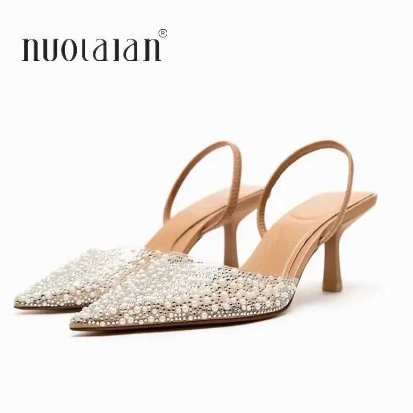 Summer Wens Pointed Toe High H Sandals Sexy Womens Shoes From Pearl Decorated Party Wedding Slingback Womens Sandals Shoes Y250306