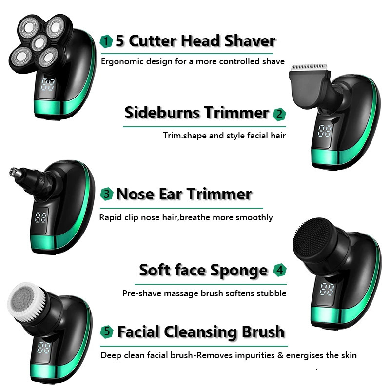 5 IN 1 Electric Razor Electric Shaver Rechargeable Shaving Machine for Men Beard Razor Wet-Dry Dual Use Waterproof Fast Charging 241115