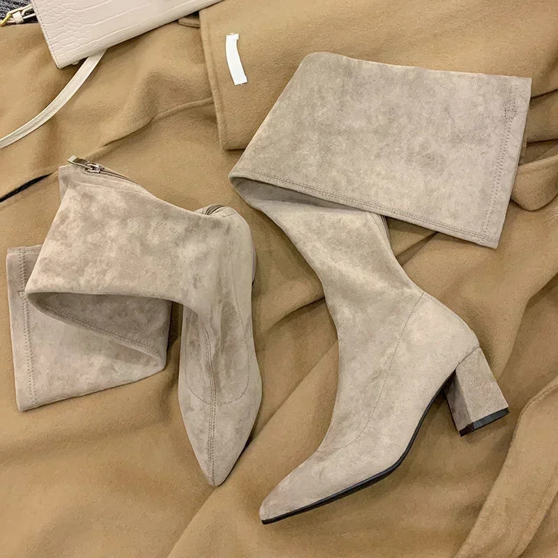 Over The Knee High Boots Womens Pointed Toe High Heels Chelsea Snow Boots 2024 Trend Winter Suede Sexy Chunky Pumps Zapatos Mujer 241115