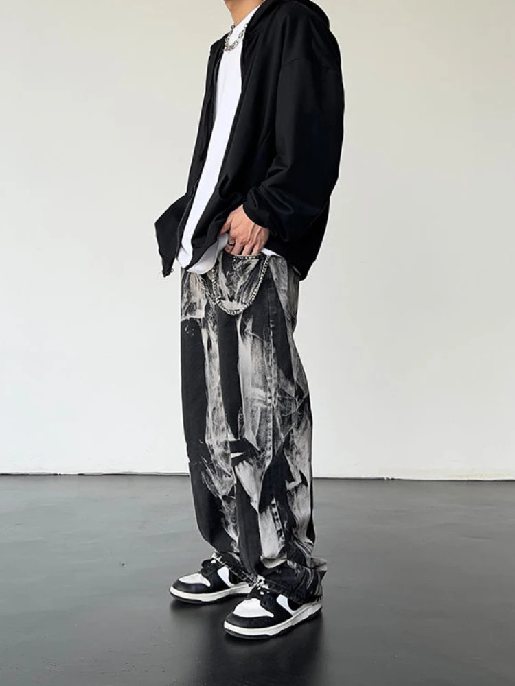 Trousers Hip Hop Chain Male Cowboy Pants Straight Tie Dye Jeans for Men Goth Black Trend 2024 Baggy Oversize Grunge Y2k Washed 241115