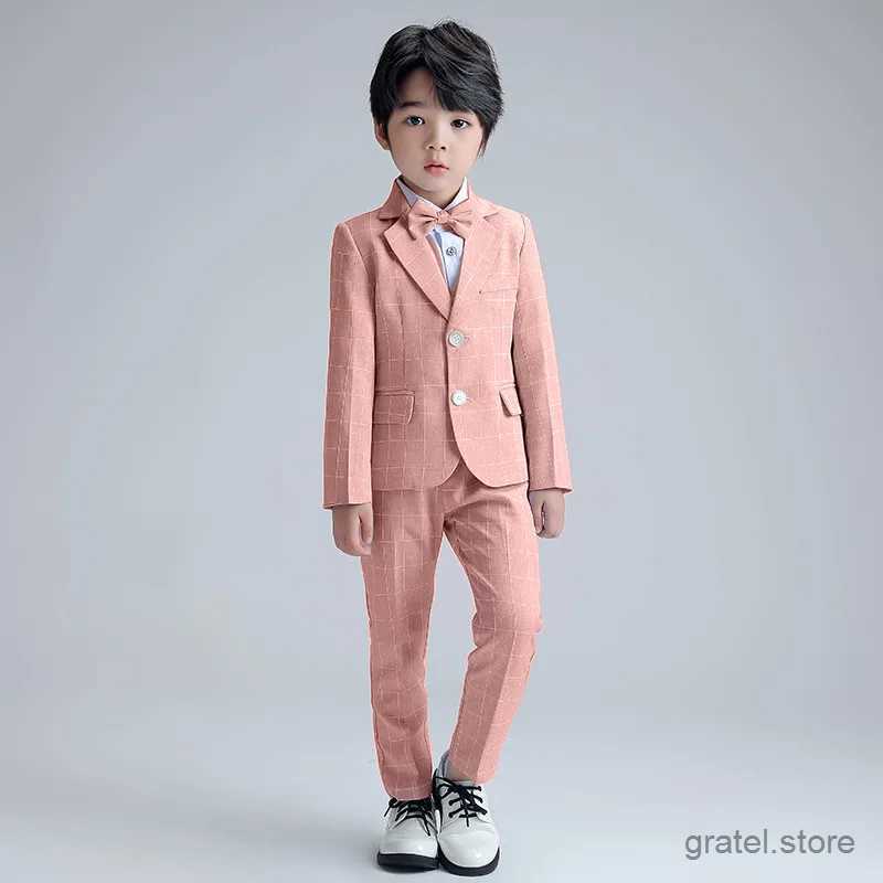 Suits Big Boys Formal Birthday Photograph Suit Kids Pink Jacket Pants Bowtie Wedding Dress Teenager Suit Children Graduation Costume