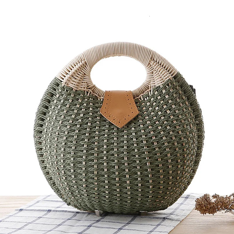 Womens Natural Lattan Handbag Round Shell Handbag Top Handbag Summer Fashion Bohemian Womens Casual Handbag Beach Bag 241115