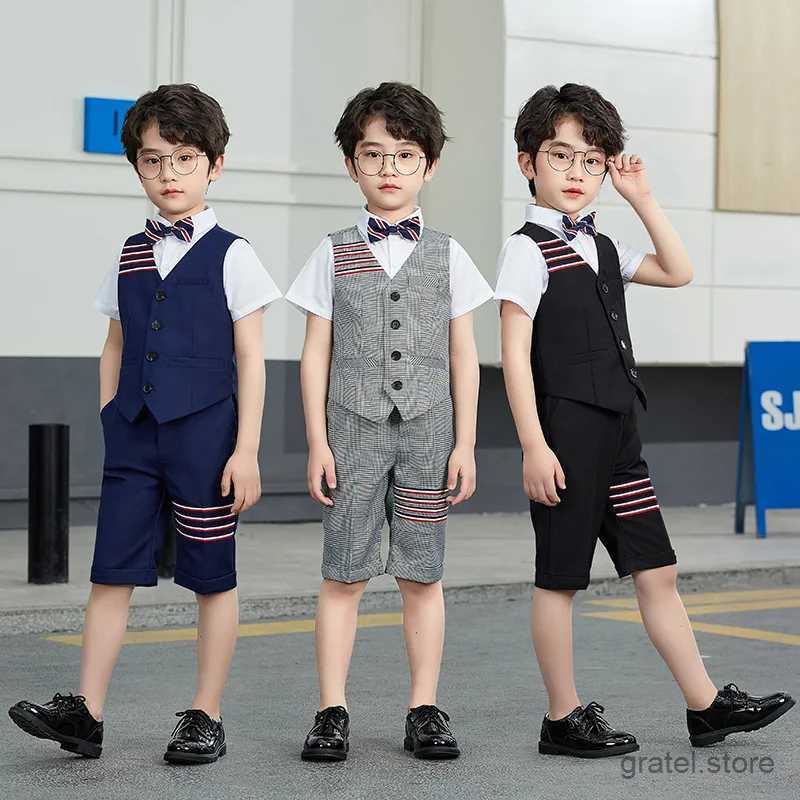 Suits Gentleman Kids School Performance Dress Children Graduation Clothing Set Boys Summer Vest+Short+Bowtie 3Pcs Formal Wedding Suit