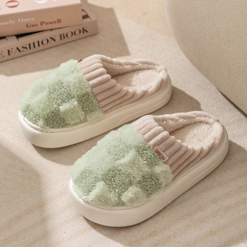 Fashion Couple Winter Flip Flops Warm Plaid Plush Slippers Soft Sole Slides Men Women Indoor Floor Home Nonslip Cotton Shoes y241115
