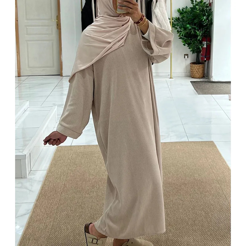 Corduroy Abaya winter thick side pockets warm Ramadan Islamic clothing high-quality Muslim womens long sleeved humble dress 241111