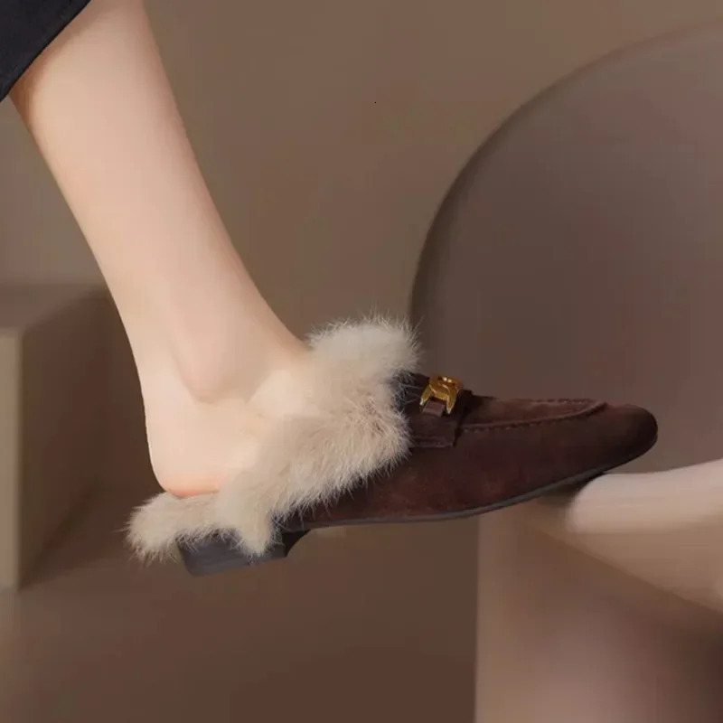 Winter Women Suede Warm Fur Slippers Mules Flats Shoes 2025 Short Plush Flip Flops Cotton Shoes Mujer 241115