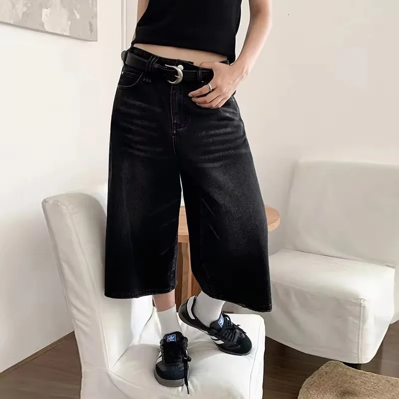 QWEEK Y2k Baggy Vintage Jort High Waist American Streetwear Wide Leg Knee Length Jeans Casual Loose Summer Denim Shorts 241115
