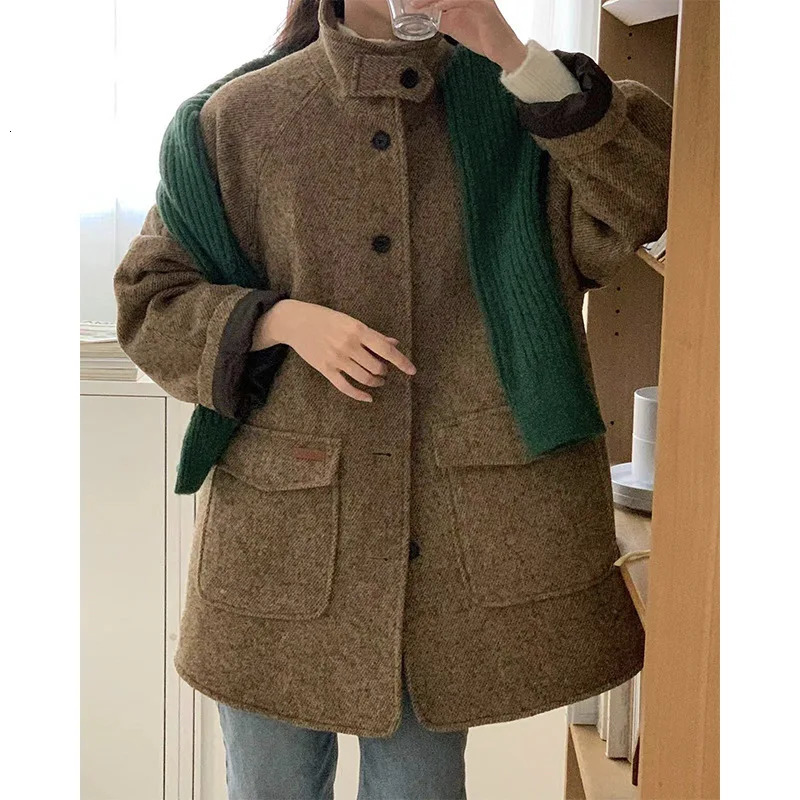 Hazelnut herringbone pattern retro wool stand up collar medium long small coat early autumn wool coat womens 241115
