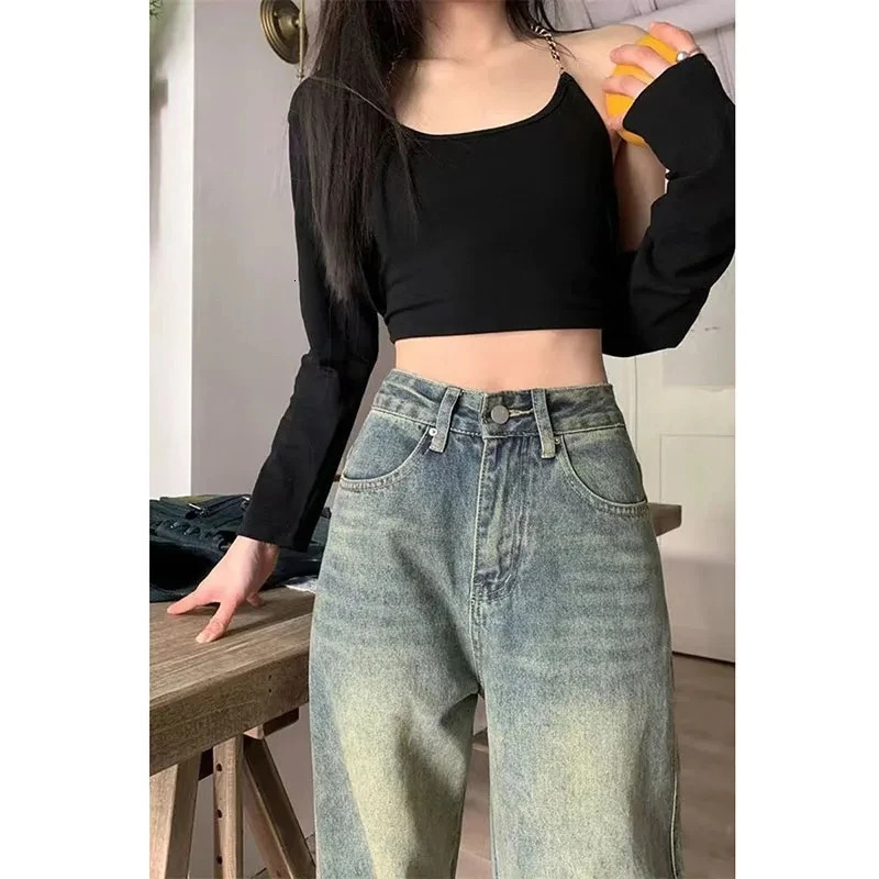Y2K Baggy Casual Wide Leg Jean Streetwear AllMatch Washed Denim Trousers Female Vintage 90S High Waist Straight Pants 241108