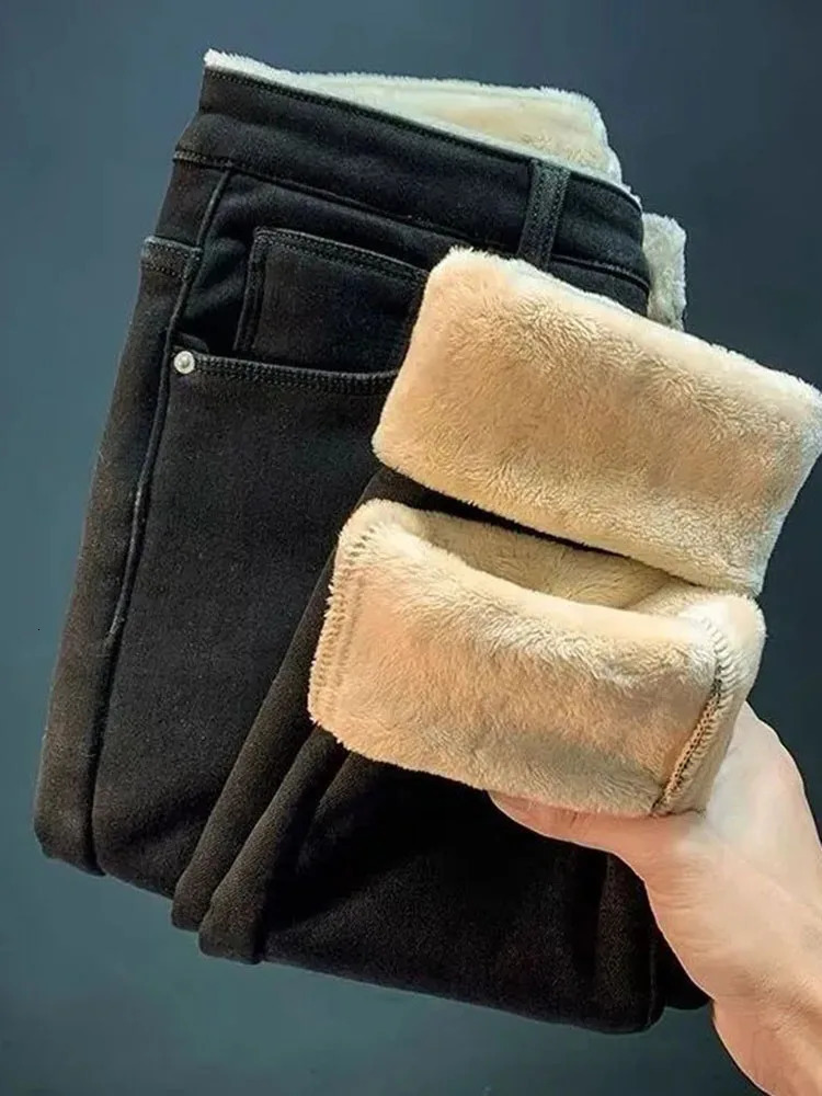 Winter Lambwool Womens Slim Pencil Jeans Warm High Waist Leggings Vaqueros Casual Moms Fleece Thicken Denim Pants Snow Velvet 241115
