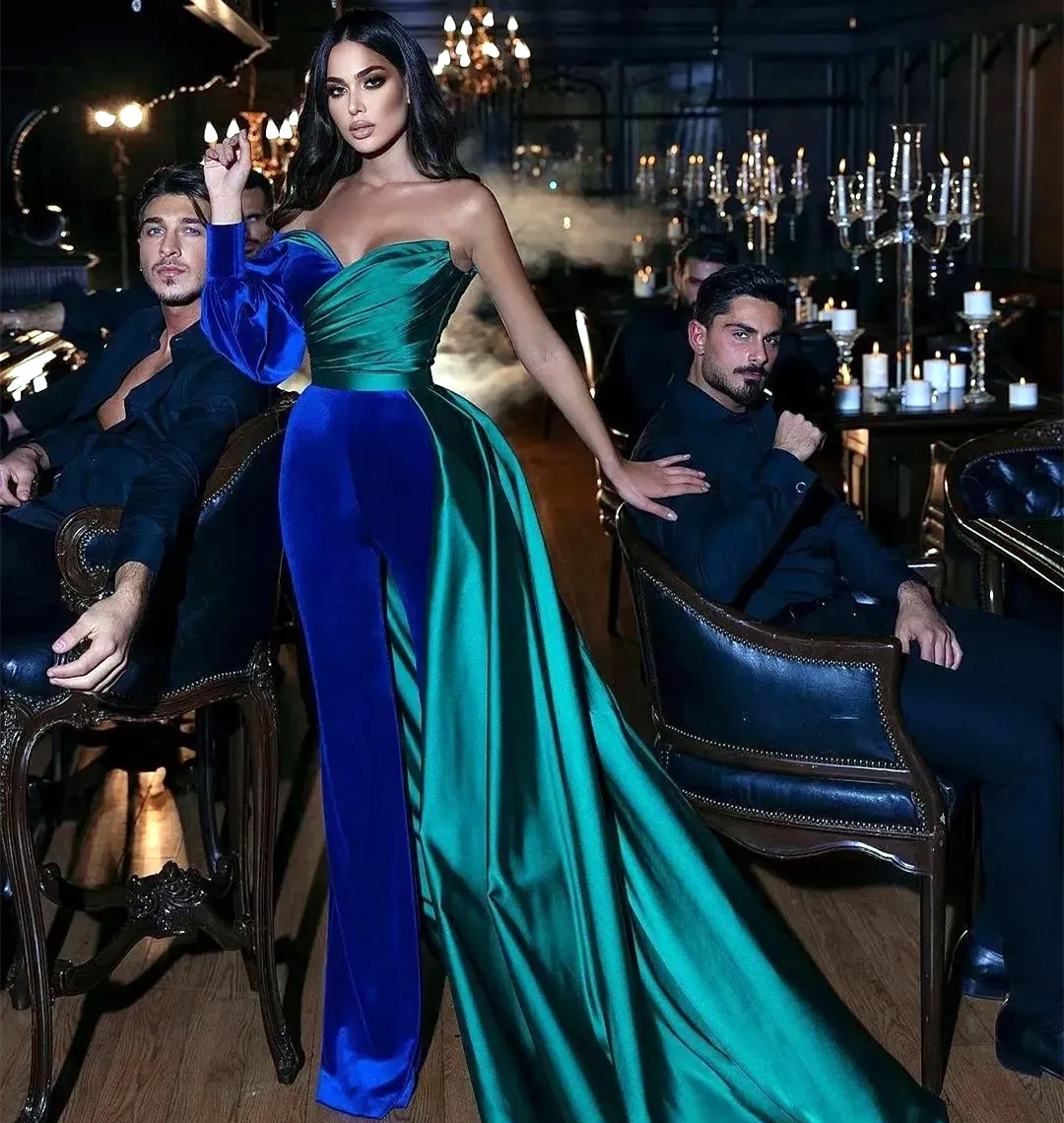 Modern Velvet And Satin Jumpsuits Saudi Arabia One Shoulder Prom Dresses Blue And Green Arabic Special Occasion Wear For Women 2024 Birthday Party Eve