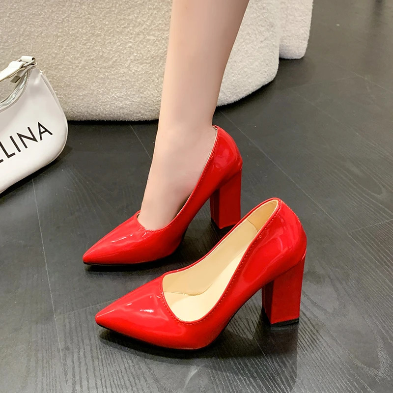 10cm high-heeled color pump womens toe fashionable red 3.9-inch thick high-heeled shoes patent leather womens Plus size 49 50 241115