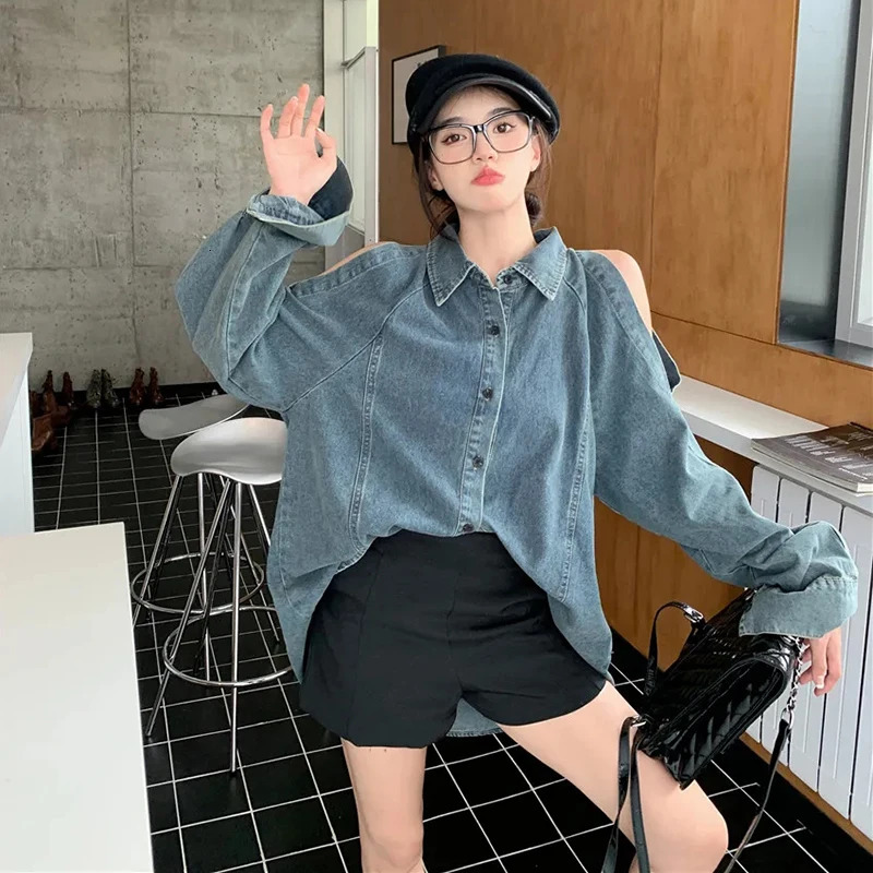 Retro shoulder denim shirt for women fashion single chest mid length jacket for womens streetwear long sleeved pocket top 241115
