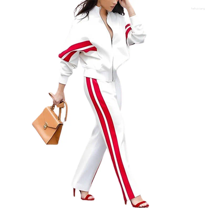 Womens Two Piece Pants Yeezzi Spring Women Fashion Casual Striped Straight Leg Loose Long Sleeves Zipper Stand Collar JacketsX24081604