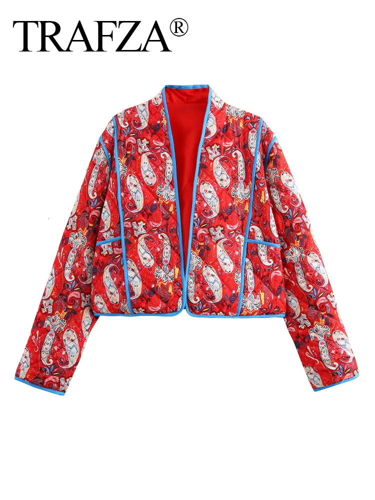 TRAFZA Women Winter Fashion Retro VNeck Red Printed Long Sleeve Cotton Jacket Female Elegant High Street Warm Short 241115