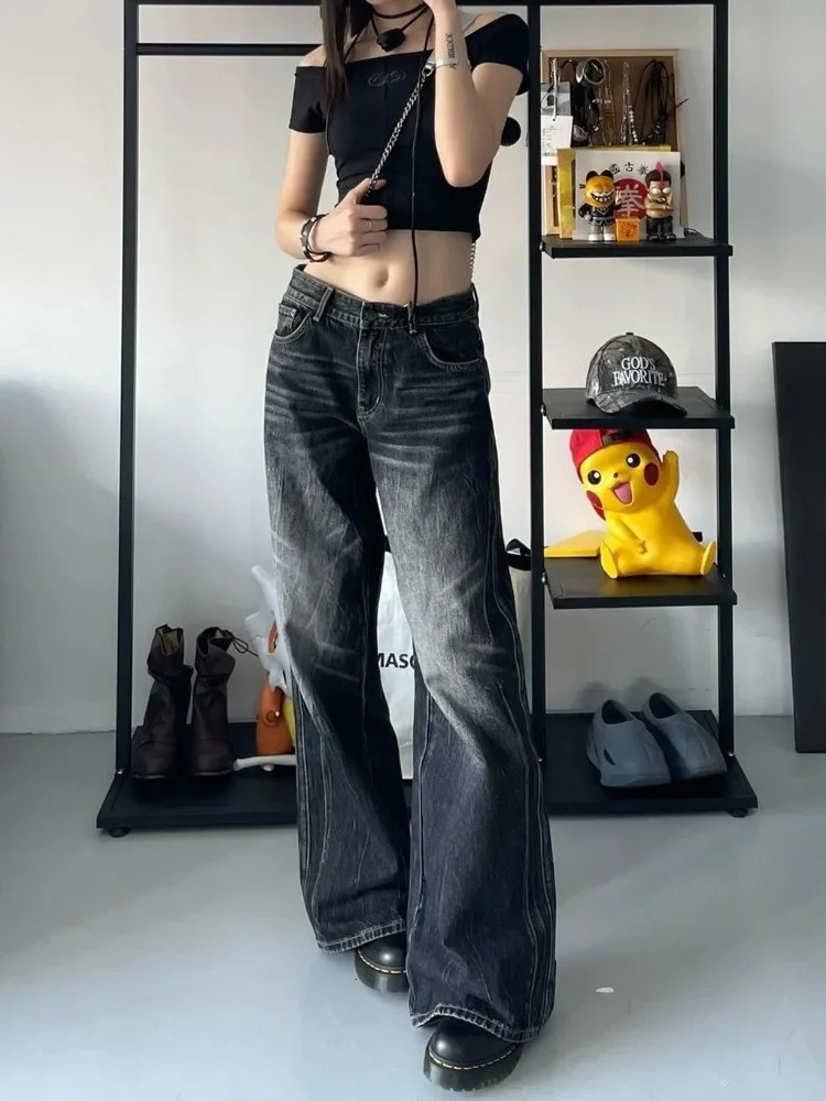 HOUZHOU Grunge Y2k Black Jean Baggy Vintage High Street Oversized Denim Trousers Gothic Gyaru 2000s Acubi Fashion Jeans 241108