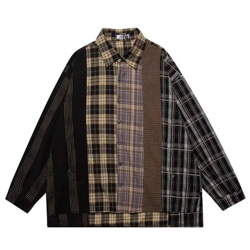 Hip hop mens plain shirt streetwear patch work buttons long sleeved cotton shirt summer Harajuku retro casual loose shirt 241112