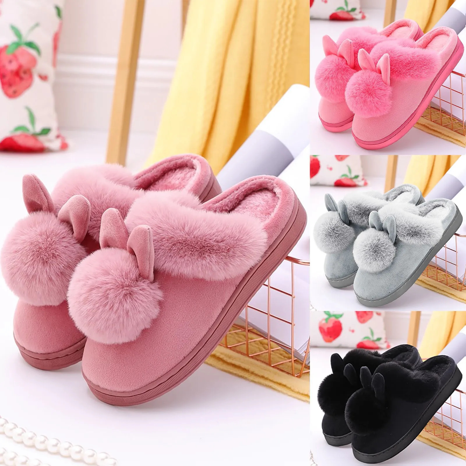 Winter Warm Home Fur Slippers Womens Indoor Home Rabbit Shoe Furry Ears Footwear Indoor Bedroom Flat Heels Fluffy Slippers Shoes 241115