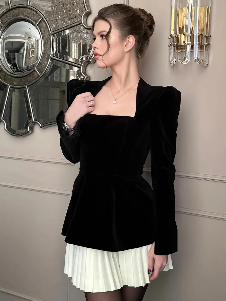 Fashion Patchwork Pleated Mini Dress Women Elegant Long Sleeve Velvet Christmas Party Dresses Female Chic Short Evening Vestidos 241116