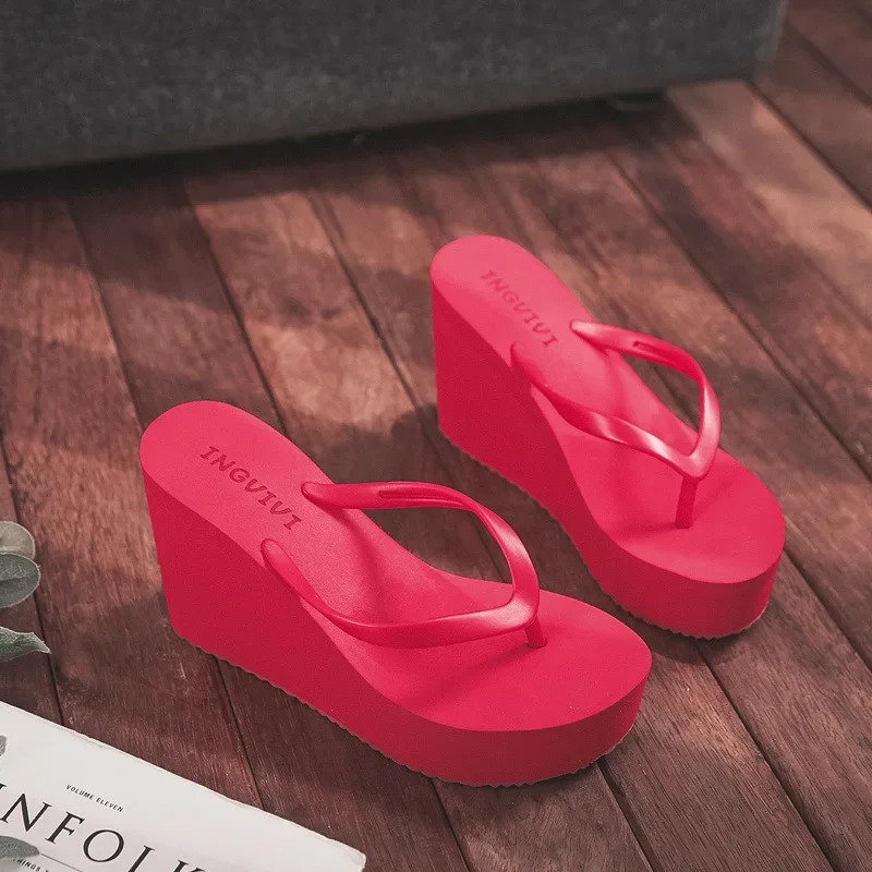 Summer womens shoes beach flip-flops platform sandals high-heeled sandals solid color skateboard slippers women heels 241115