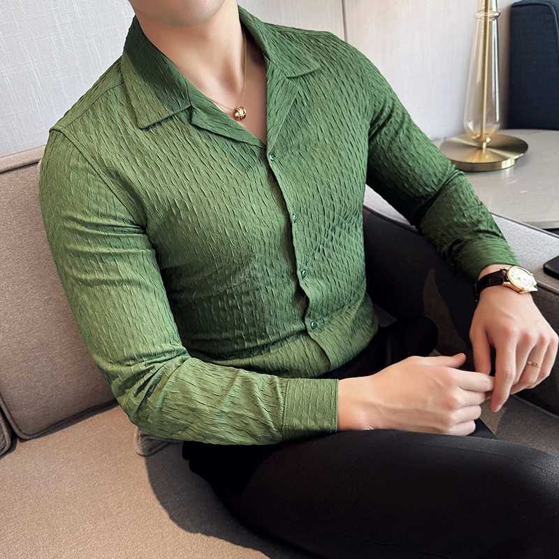 Men's Casual Shirts Long-sleeve Cuban Collar Shirt for Men British Style Slim Fit Mens Dress Spring Solid Social Chemise Homme Plus Size 4XL 2404