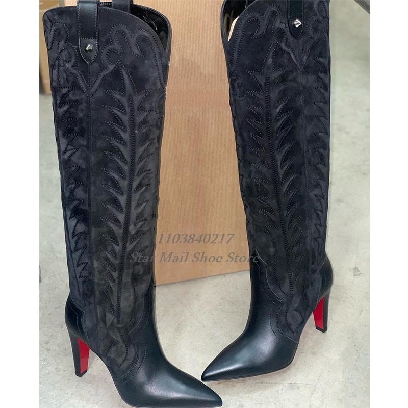 2024 Vintage Leather Suede Ing Western Women Exquisite Embroidery Boots Medium High Tube Three Colors 250227 250227