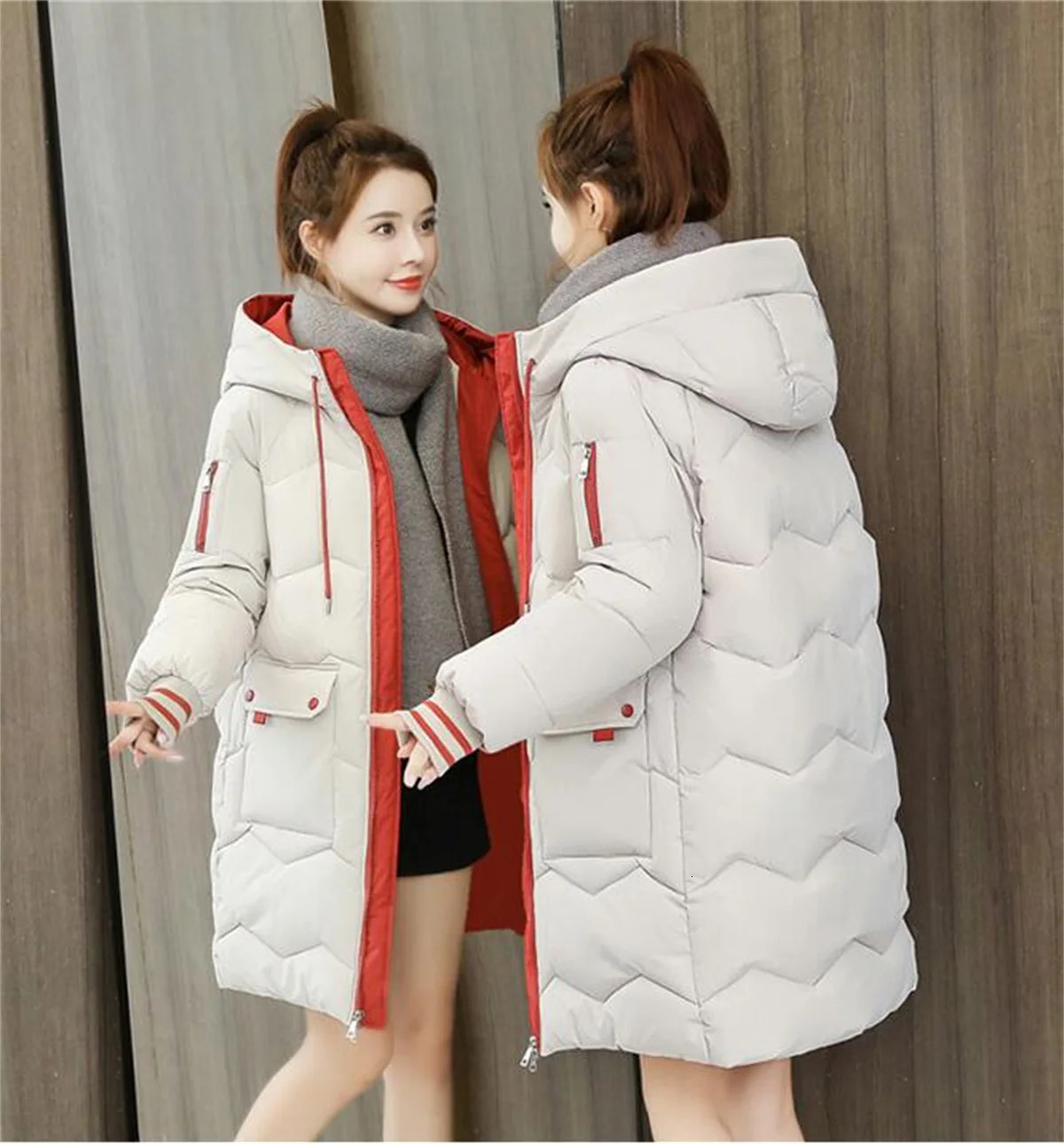 Women Winter Midlength Quilted Coat Hooded Overcoat Thick Warm Jackets Contrast Pockets Fashion Parkas Casual Loose Down Jacket 241108