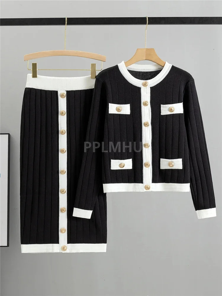 Women Slim Oneck Short Sweater Cardigan 2 Piece Suits Korean Vintage Knit Skirts Sets Chic Button Malhas Faldas Conjunto 241115