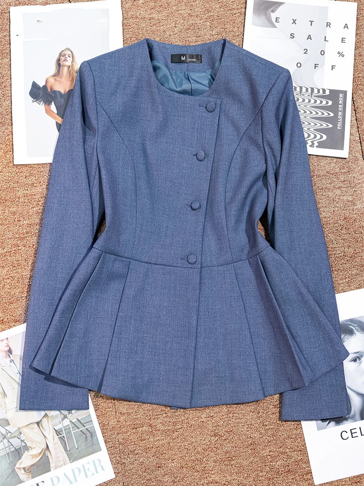 Grey Navy Blue Black Womens Pants Set Formal Business Work Clothes Solid Oneck Jacket and Trouser 2piece Suitable for Autumn Winter 241115