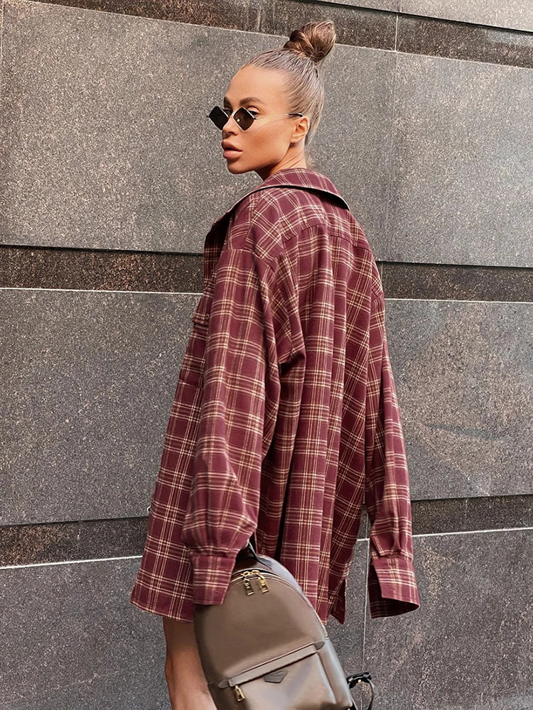 Mnealways18 Street Style Red Checkered Shirt Womens Irregular Long Sleeve Oversized Top Autumn Loose Ginkgo Top Trend 241115