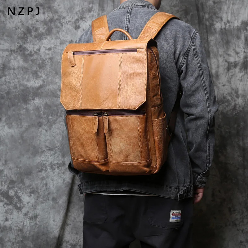NZPJ Vintage Genuine Leather Mens Backpack Top Layer Cowhide Casual Backpack 16 Laptop Bag Large Capacity Outdoor Travel Bag 241115