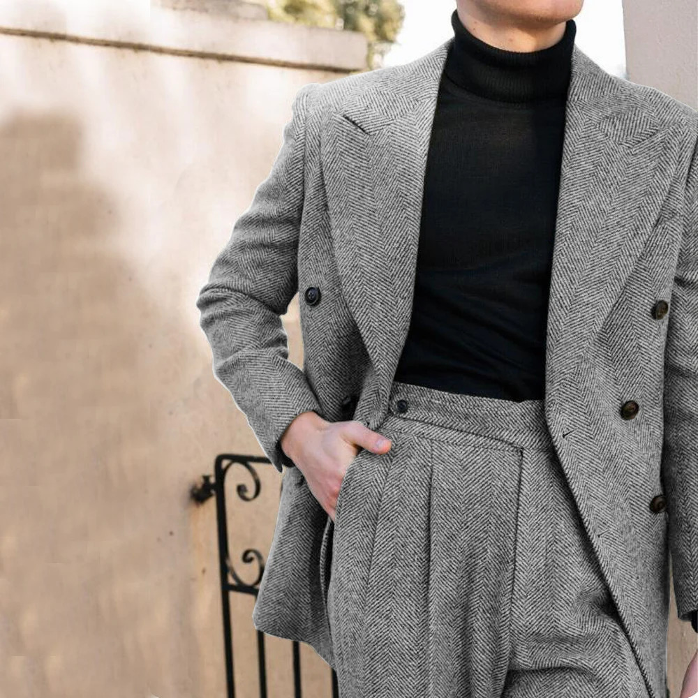 Mens Wedding Suit Herringbone Double Breasted Formal Lapel 2 Piece Full Elegant Slim Fit 241115