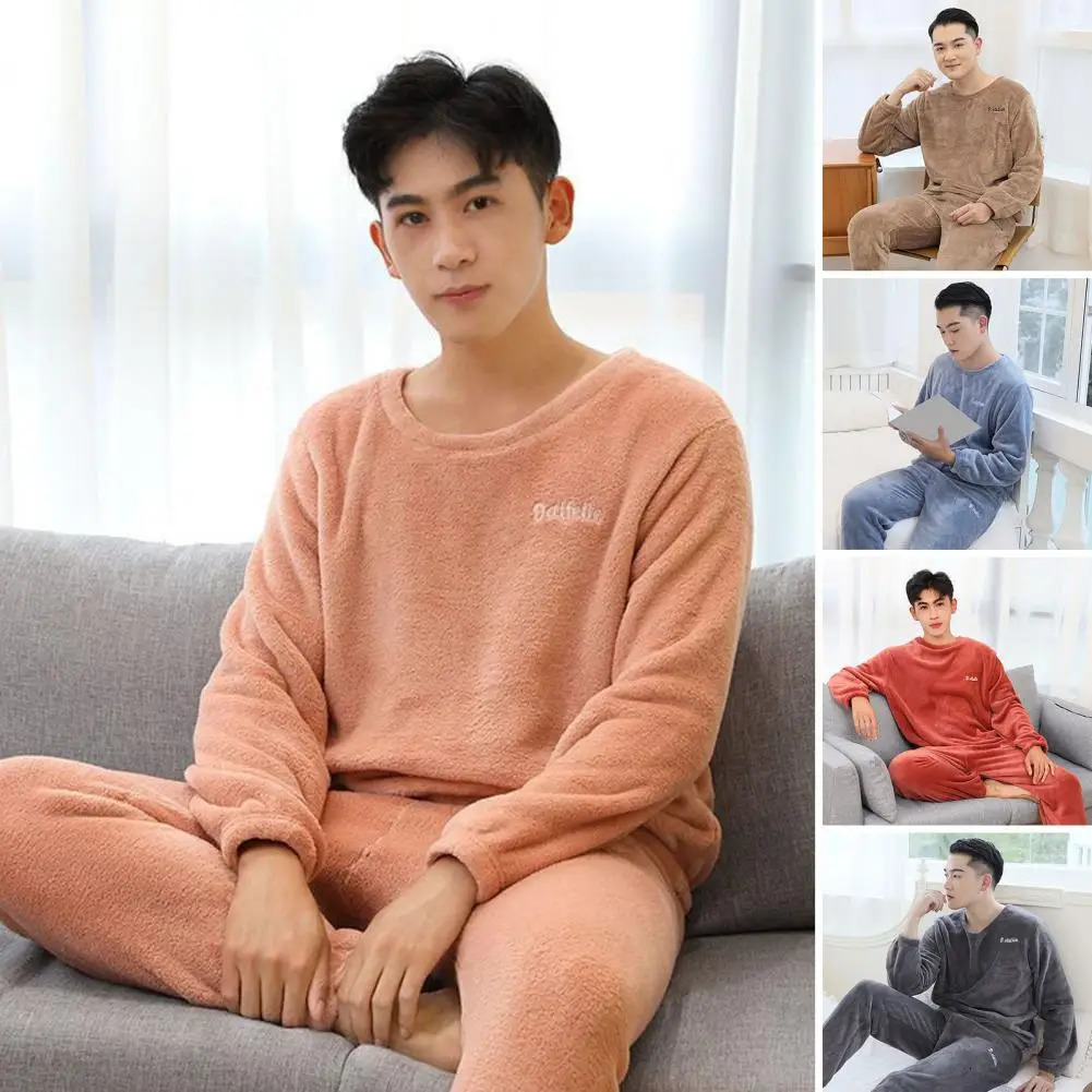 2-piece/set winter mens sleepwear set thick wool warm loose and comfortable mens sleepwear set 241112