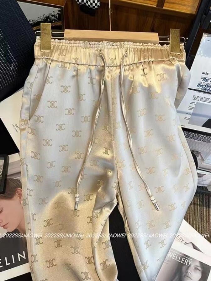 Designer womens trousers high elastic waist pants sashes with ladies drawstring logo print satin sweatpants women Wide Leg Elastic Waist Everyday casual pants