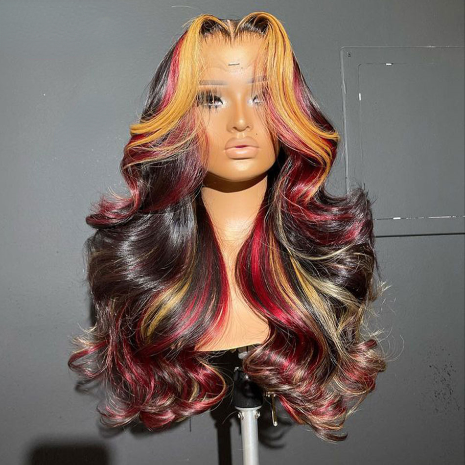 Glueless Red Highlight HD Body Wave Lace Frontal Wig 13x4 Honey Blonde Lace Front Human Hair Wigs PrePlucked 250% Density Synthetic